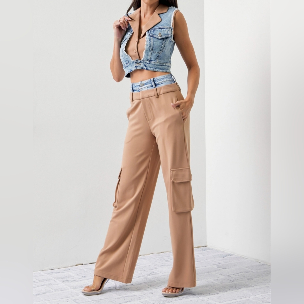 #513521 S,M,L High End Mixed Fabric Denim Vest & Cargo Pants Set